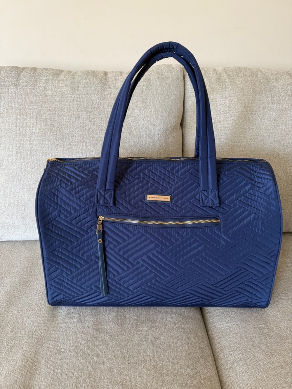 Adrienne Vittadini Chevron Quilted Weekender Travel Bag Navy Large Duffel